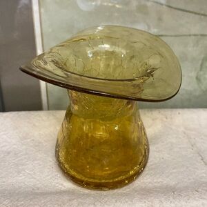 Amber Hand Blown Crackle Glass Hat Vase with Wavy Brim and with Pontil Mark